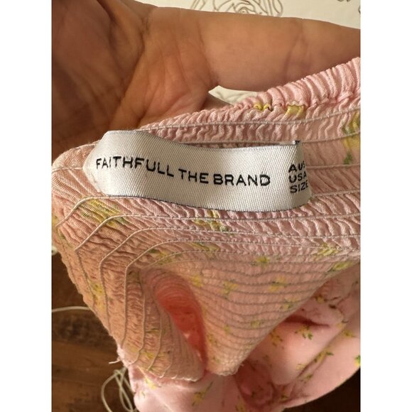 Faithfull the Brand Dress Size 6 Medium Pink Daisy Floral Puff Sleeve  Midi 036 - Picture 6 of 8